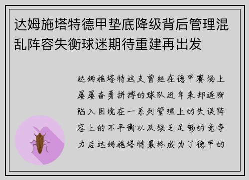 达姆施塔特德甲垫底降级背后管理混乱阵容失衡球迷期待重建再出发