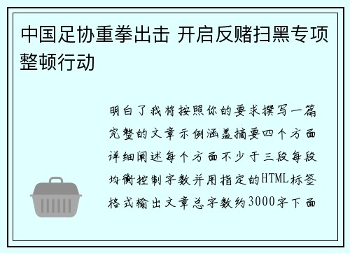 中国足协重拳出击 开启反赌扫黑专项整顿行动